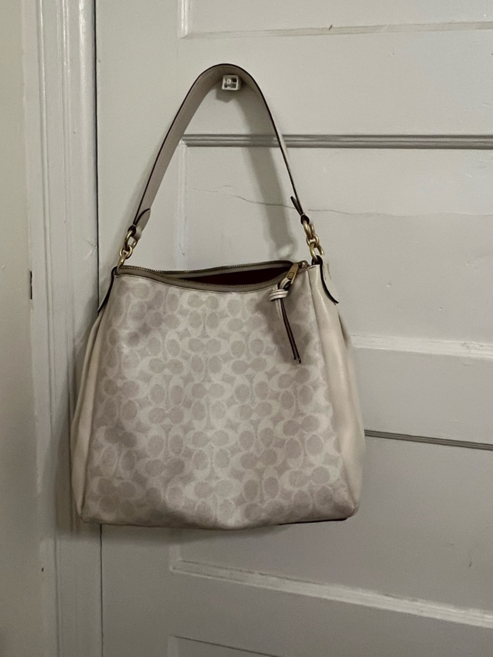 Coach Cream Signature-Print Shoulder Bag with Gold Hardware